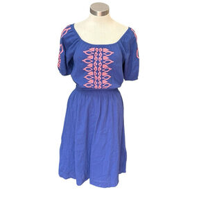 NWT Talbots Dress Blue Crinkle Gauze Puff Sleeve Square Neck Embroidered Sz. S